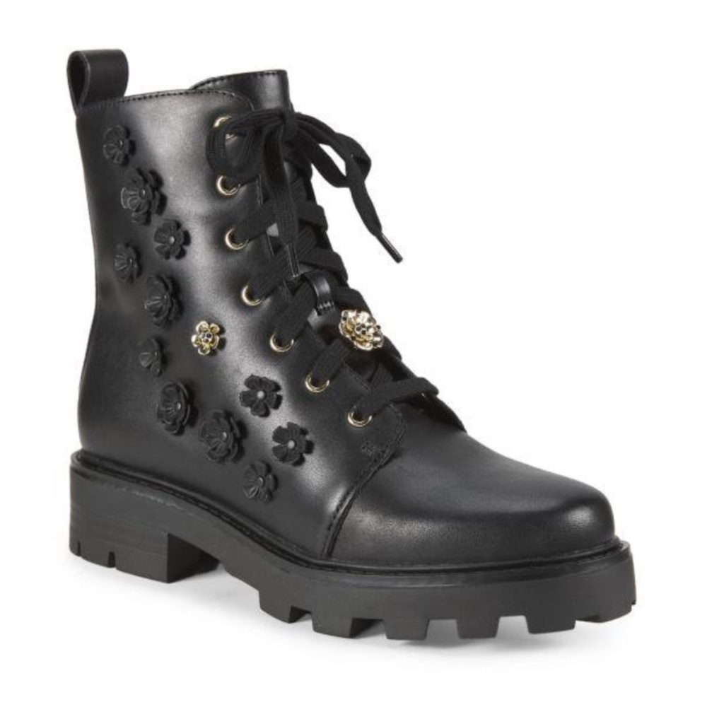 NEW Karl Lagerfeld Paris 40MM Floral-Embellished Leather Combat Boots Sz 8.5/ 39